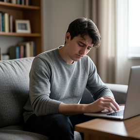 A tired person sitting on a sofa looking mentally drained rather than physically exhausted