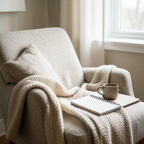 Gentle recovery scene with low stimulation, tea, blanket, notebook, or calm environment