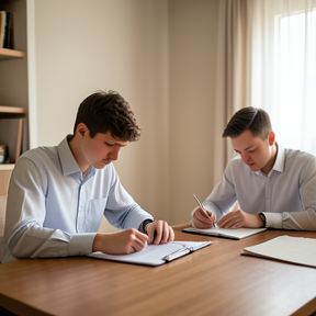 Person doing paperwork or cleaning while a supportive friend sits nearby working