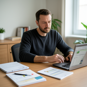 Person with multiple tabs, notebooks, or tasks open at once looking overwhelmed