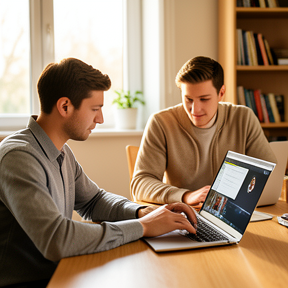 Two people quietly working together at a table 