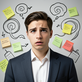Visual showing tangled thoughts or sticky notes around a person looking overwhelmed
