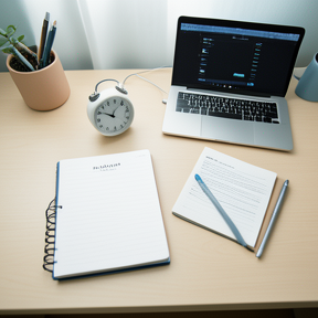 Calm workspace with a timer, notebook, and laptop showing a simple ADHD-friendly starting routine