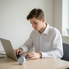 Person sitting at a desk about to start a task with a timer nearby
