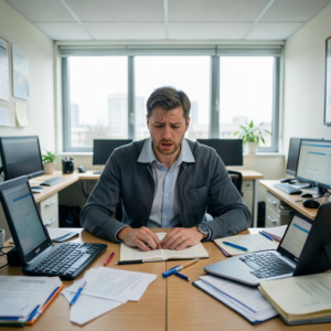 Overwhelmed employee with too many tasks on desk