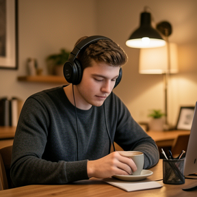 person working happily with music and coffee