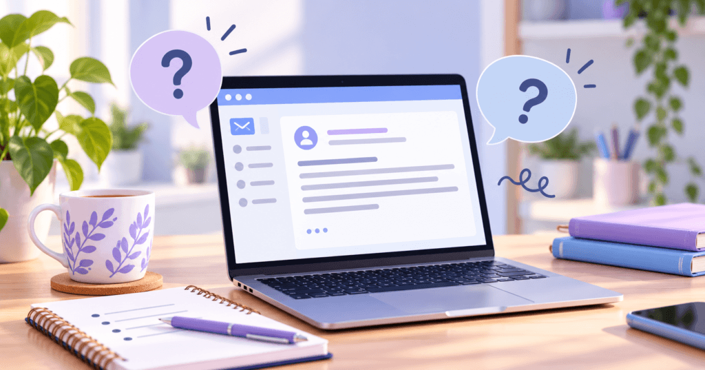 Laptop displaying an unclear workplace email with question marks, representing confusing workplace communication.